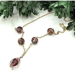Purple Glass Beads and Teardrop Pendant Necklace Gold Chain 14KTGF